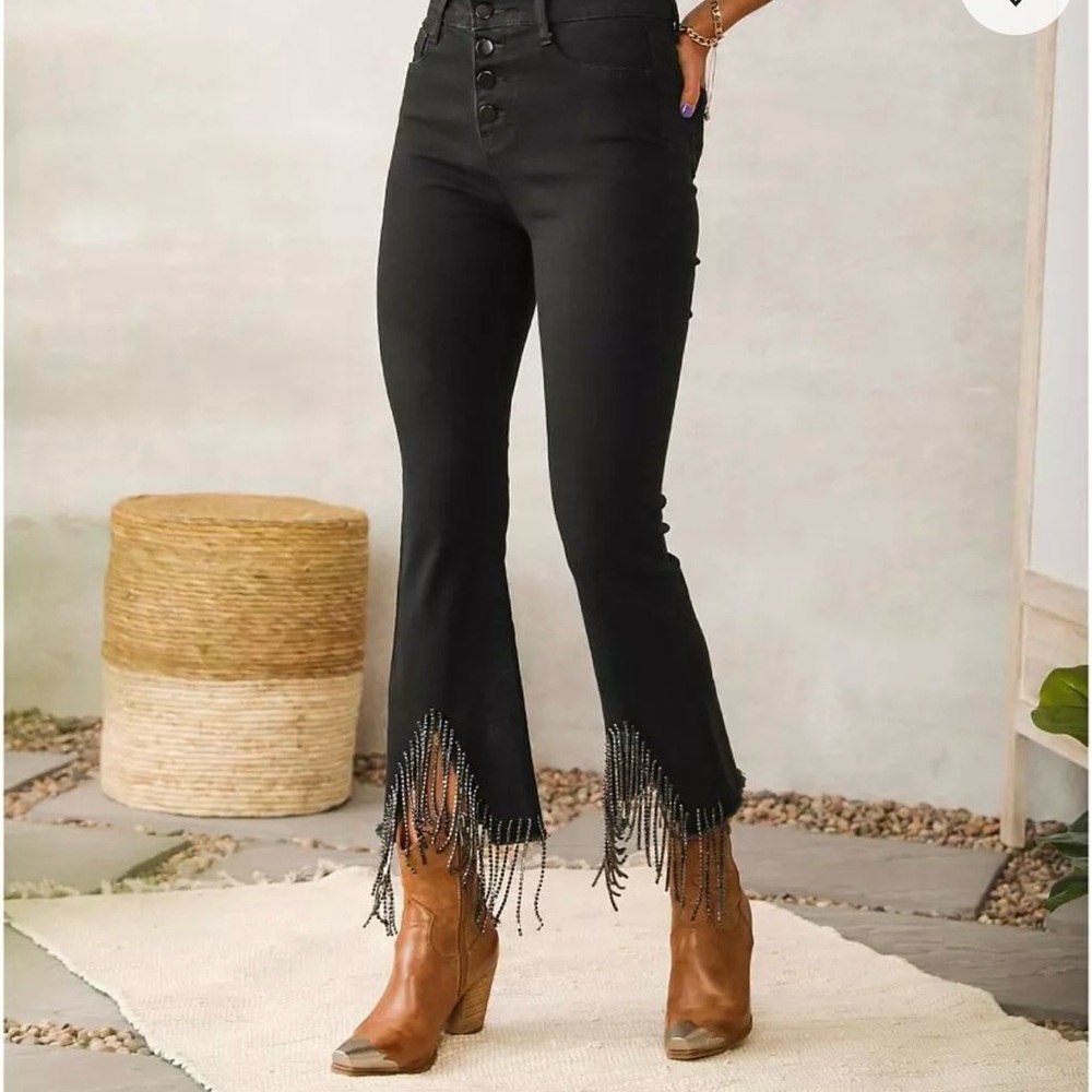 Elegant Black Beaded Hem Flare Jeans